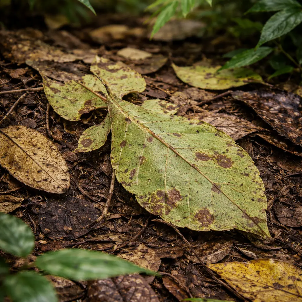 A camouflaged insect among fallen leaves on the forest floor