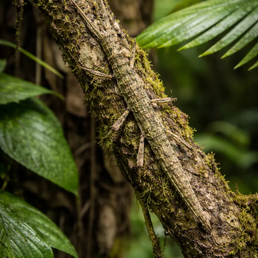 A stick insect hidden in lush rainforest vegetation