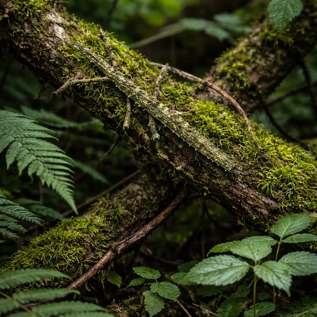 A mossy phasmid camouflaged in forest