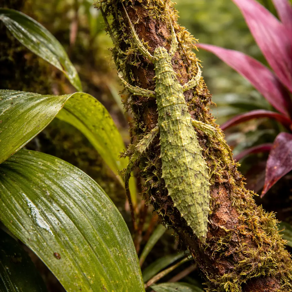 A mossy stick insect camouflaged in tropical foliage