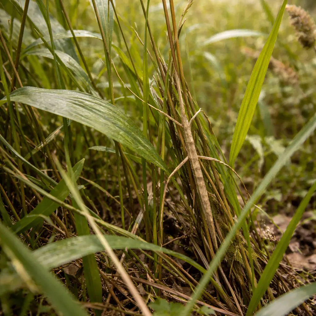 A stick insect hiding in a grassy field
