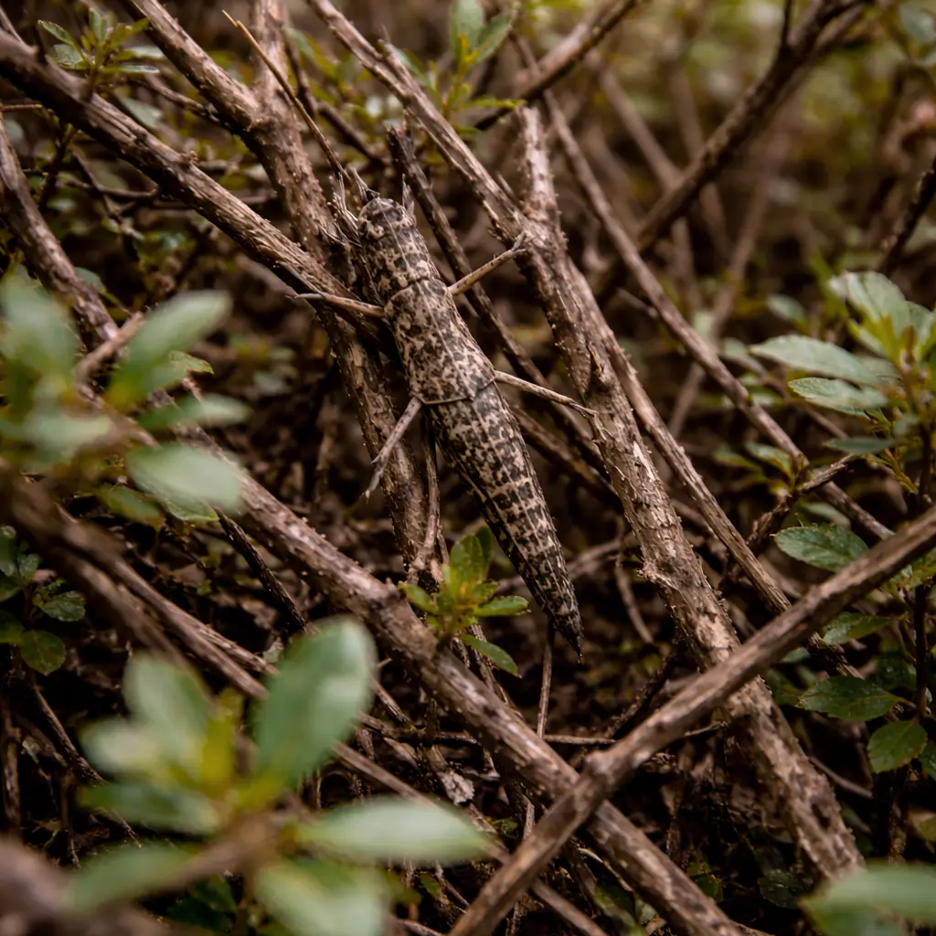 A walkingstick insect camouflaged in a leafy thicket