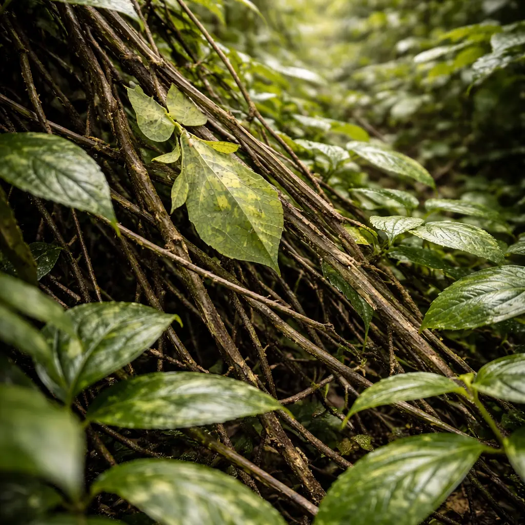 A leaf insect camouflaged in jungle foliage